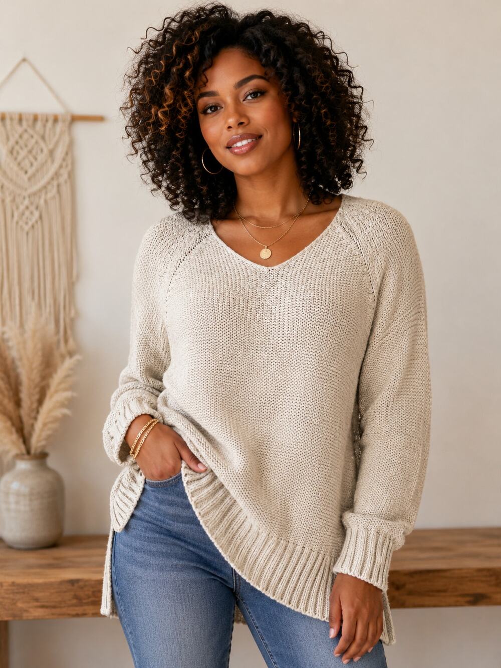 Lauren Ralph Lauren Long Sleeve Tan Cream Scoop Neck Sweater SP